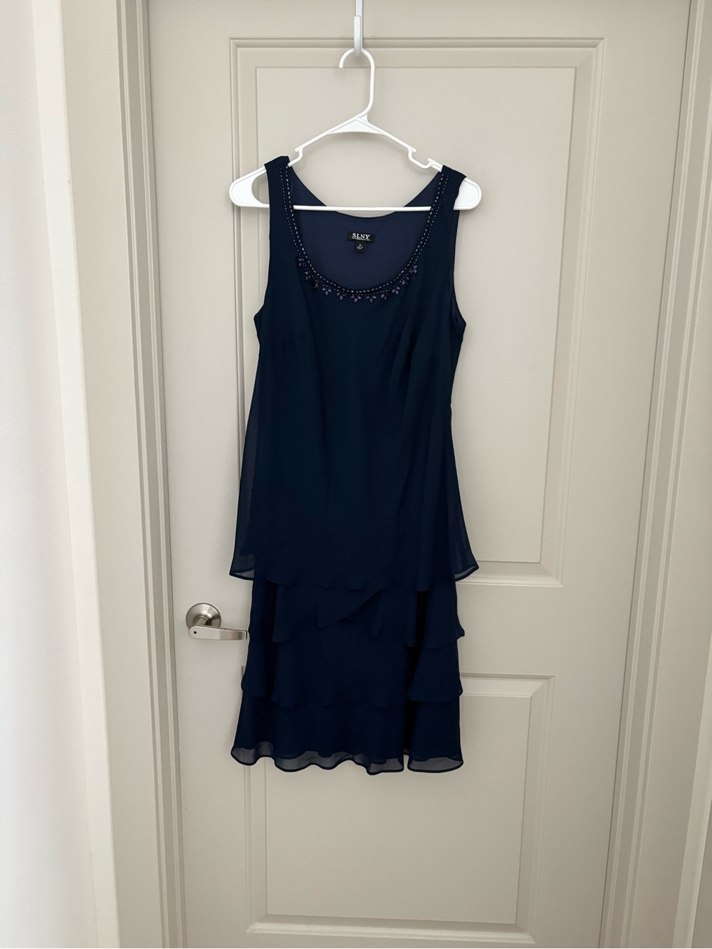 SLNY Beaded Navy Layered Chiffon Midi Dress NWOT size 10 formal